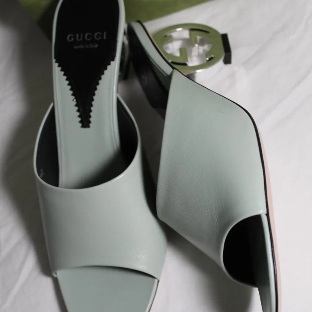 NWB Gucci Interlocking GG Heel Sandals Mules Slip Ons Slides Argento 39.5 772569 - Picture 6 of 9